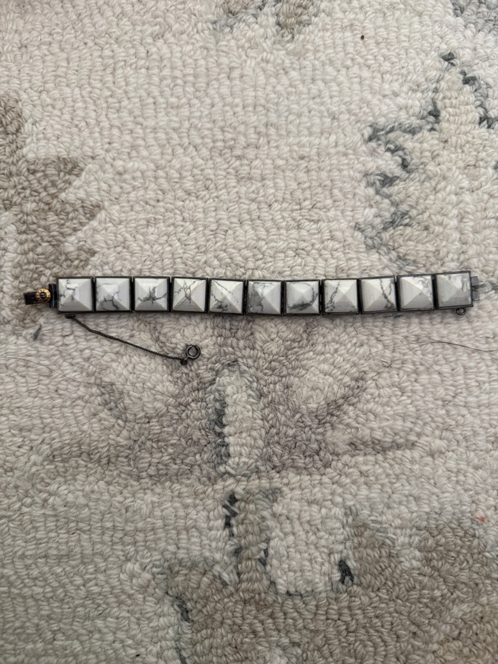 White Marble Pyramid Stud Bracelet with Dark Metal Chain Henri Bendel